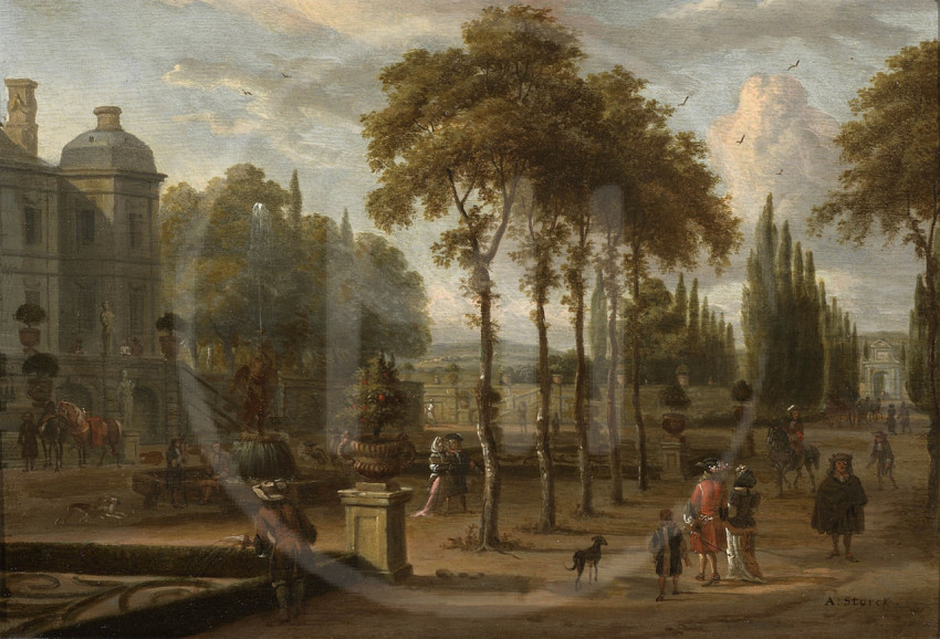 Elegant company in a garden by a mansion